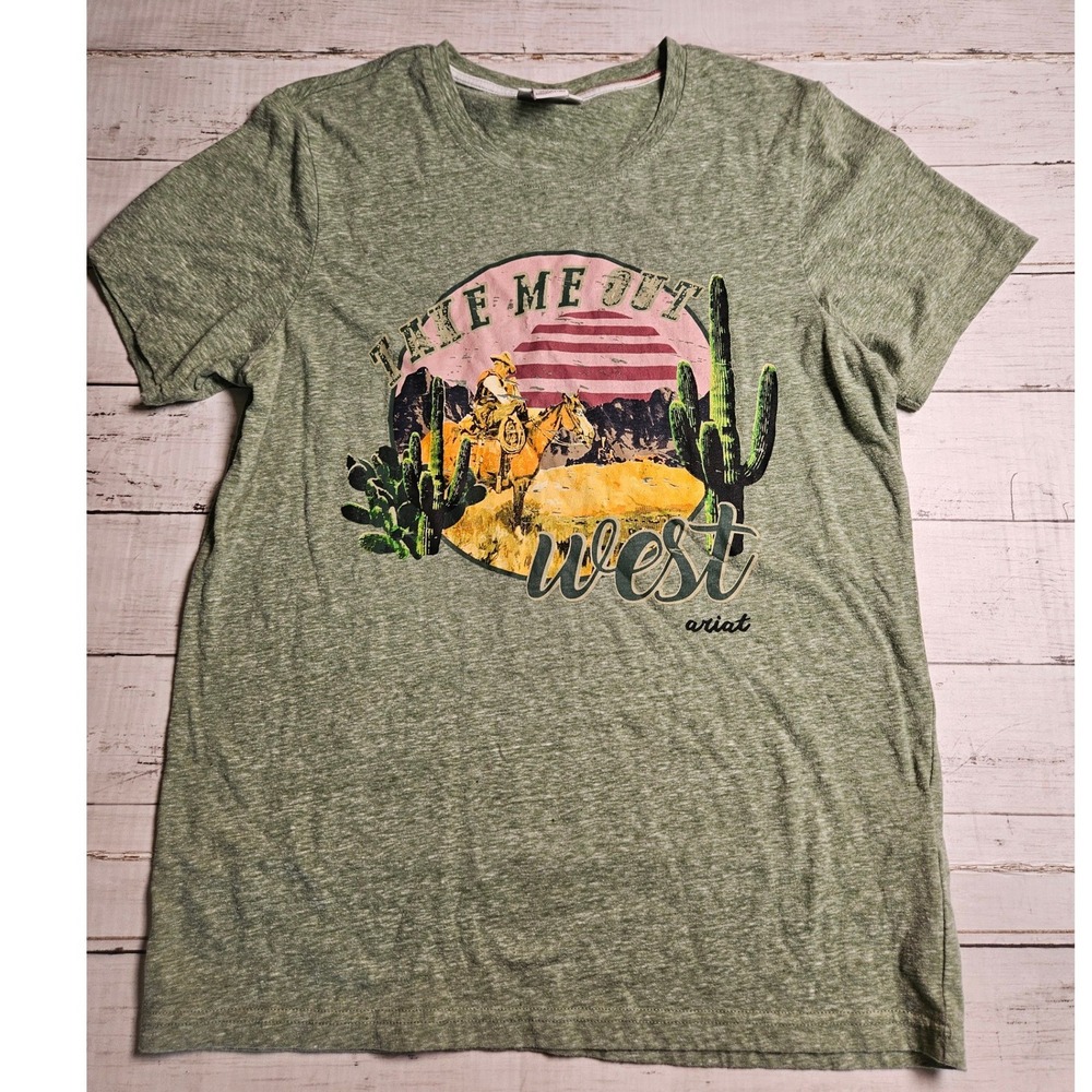 Ariat‎ Womens Take Me Out West Graphic T-Shirt Green Heather S Short Sleeve Tee